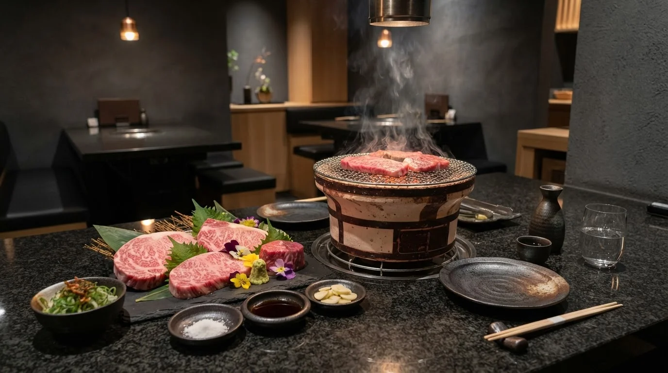 炭火の網の上で焼き色がつく牛肉の近景