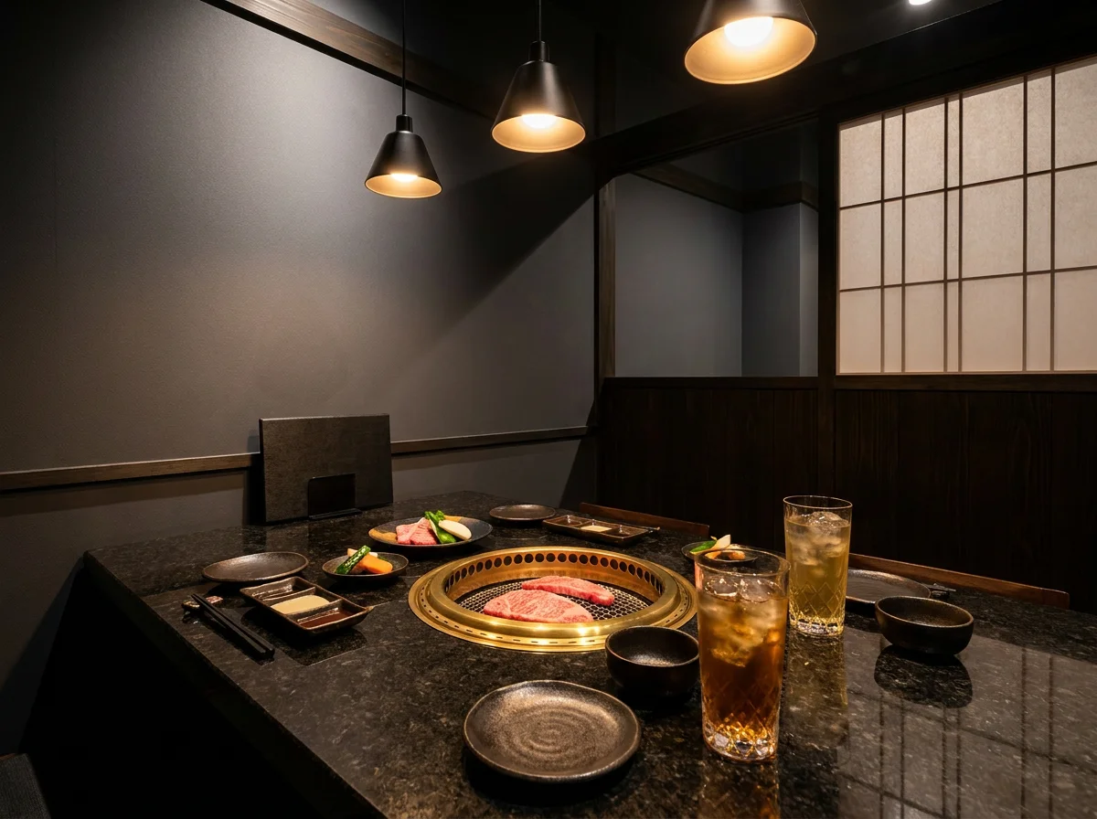 個室のテーブルに並ぶ氷入りのソフトドリンクと焼肉用の取り皿