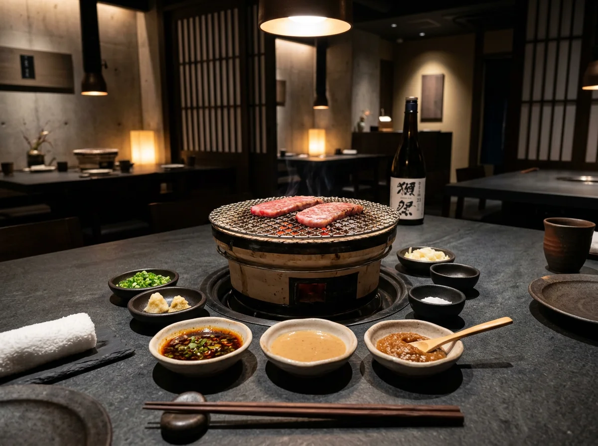 小皿に盛られた自家製味噌だれと焼肉用の薬味