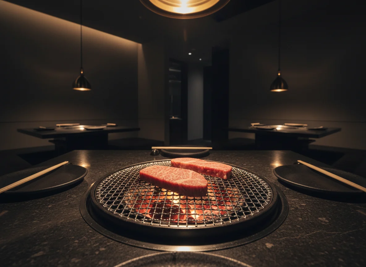 炭火の網の上で焼き上がる厚切り牛肉