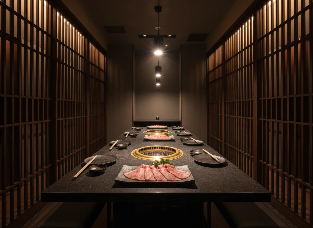 木の格子と間接照明に囲まれた焼肉店の個室通路