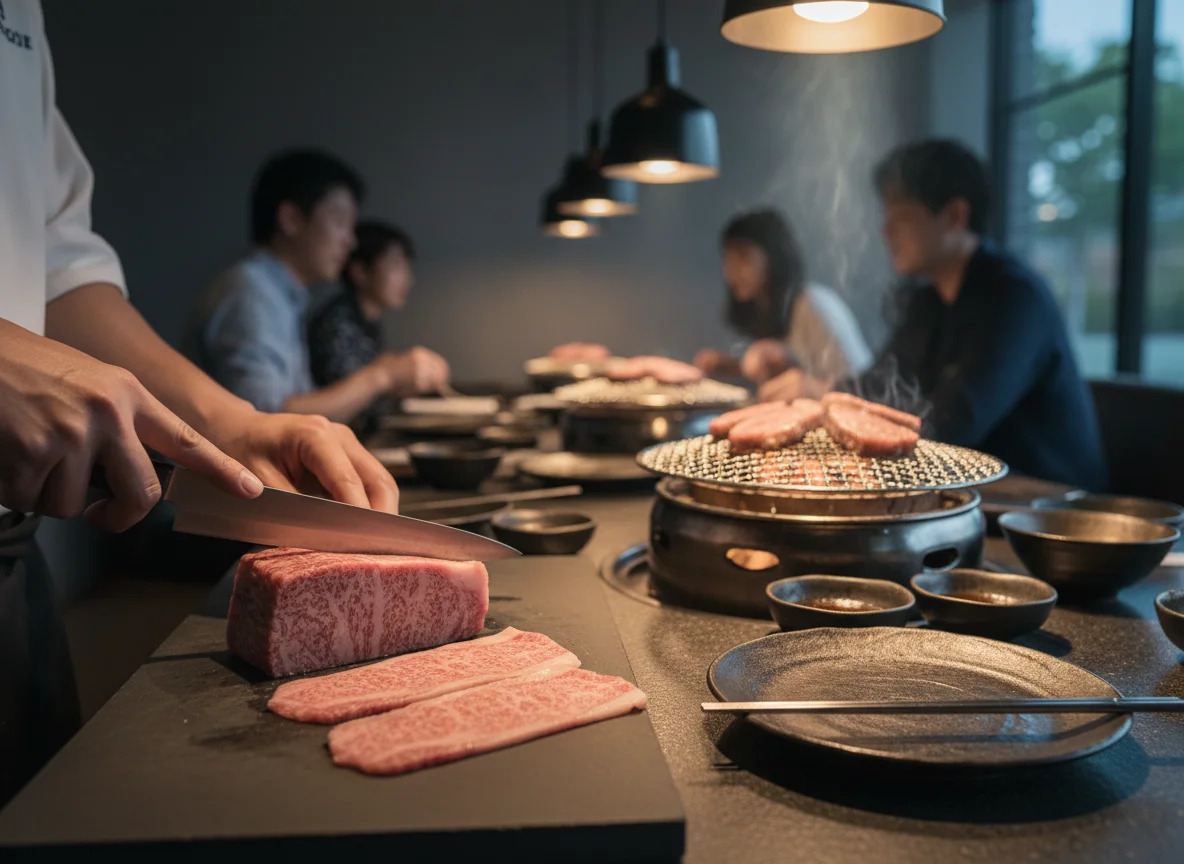 艶のある和牛を包丁で丁寧に切り分ける職人の手元